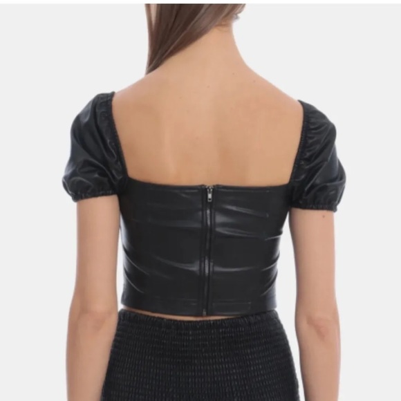 NEW 7 For All Mankind Faux Leather Puff Sleeve Crop Top in Black - Picture 2 of 13